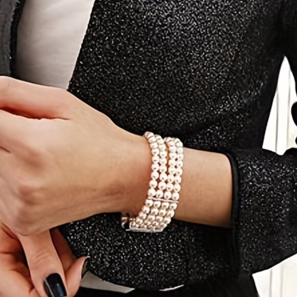 Three Layers Faux Pearls Beaded Bracelet Multi-layer Elastic Bangle Bracelet - Picture 1 of 6